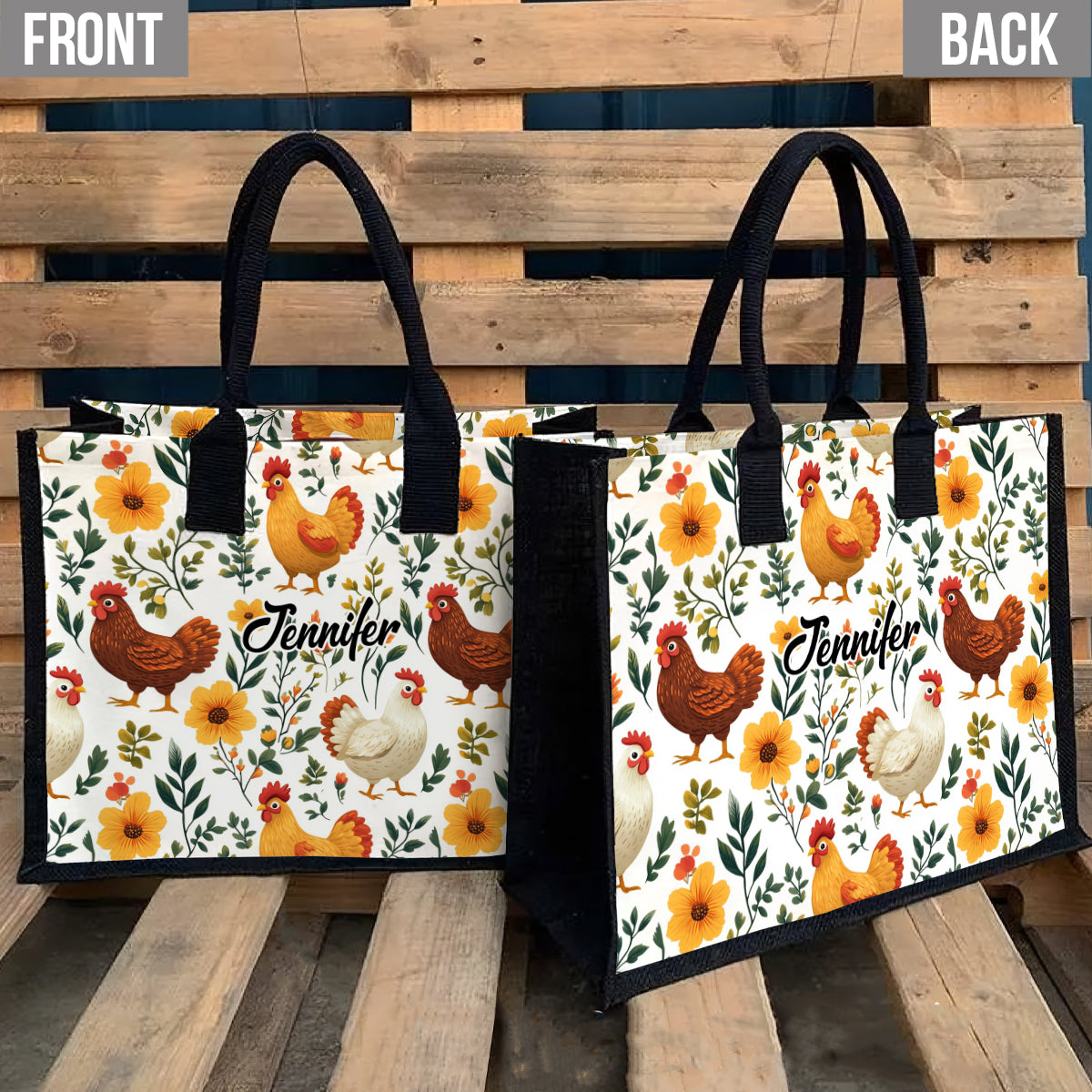 Niedliche Hühner mit Blumenmuster – Personalisierte Tragetasche aus Canvas mit Hühnermotiv