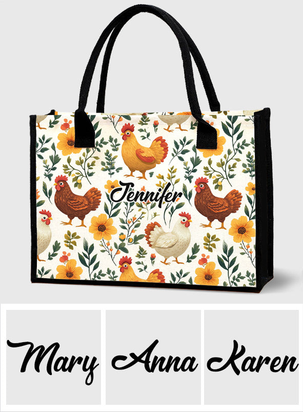 Niedliche Hühner mit Blumenmuster – Personalisierte Tragetasche aus Canvas mit Hühnermotiv