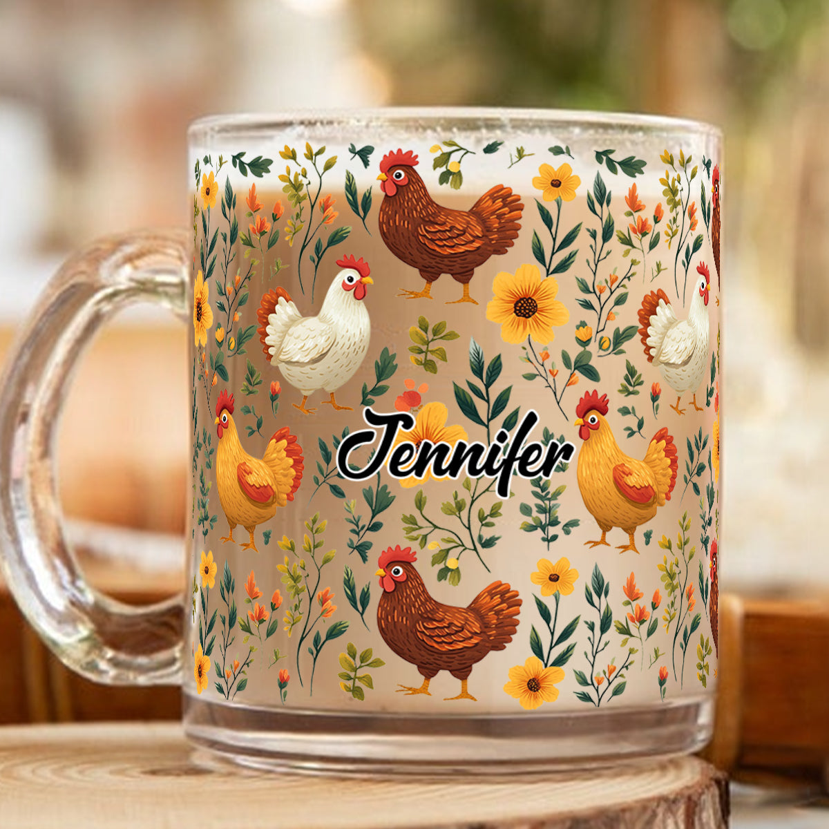 Mug en verre personnalisé avec motif de poules fleuries mignonnes - Mug en verre personnalisé avec motif de poules