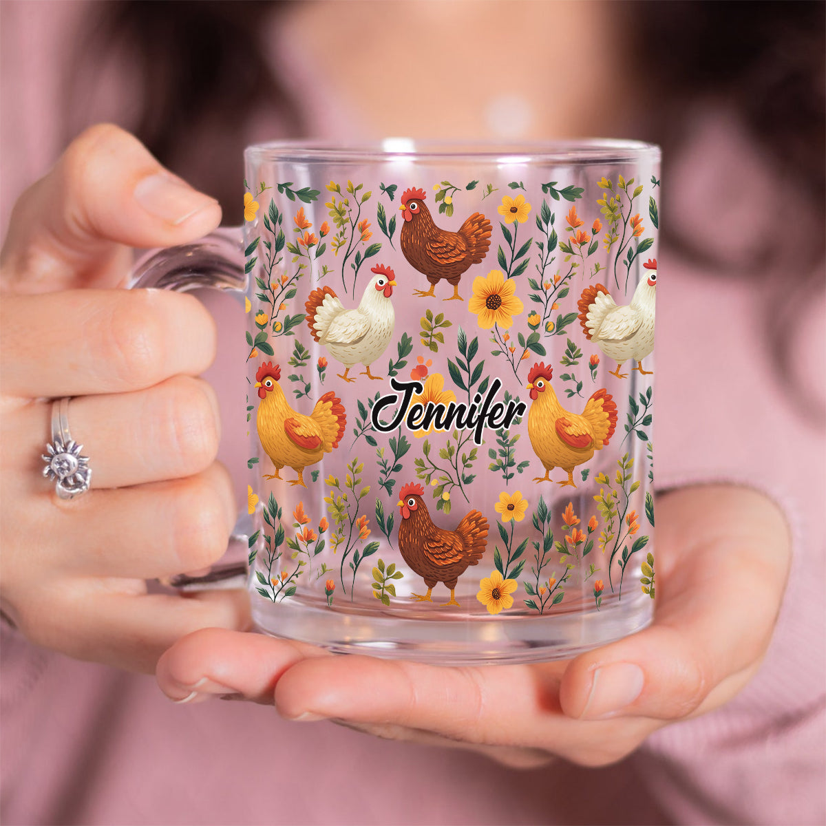 Mug en verre personnalisé avec motif de poules fleuries mignonnes - Mug en verre personnalisé avec motif de poules