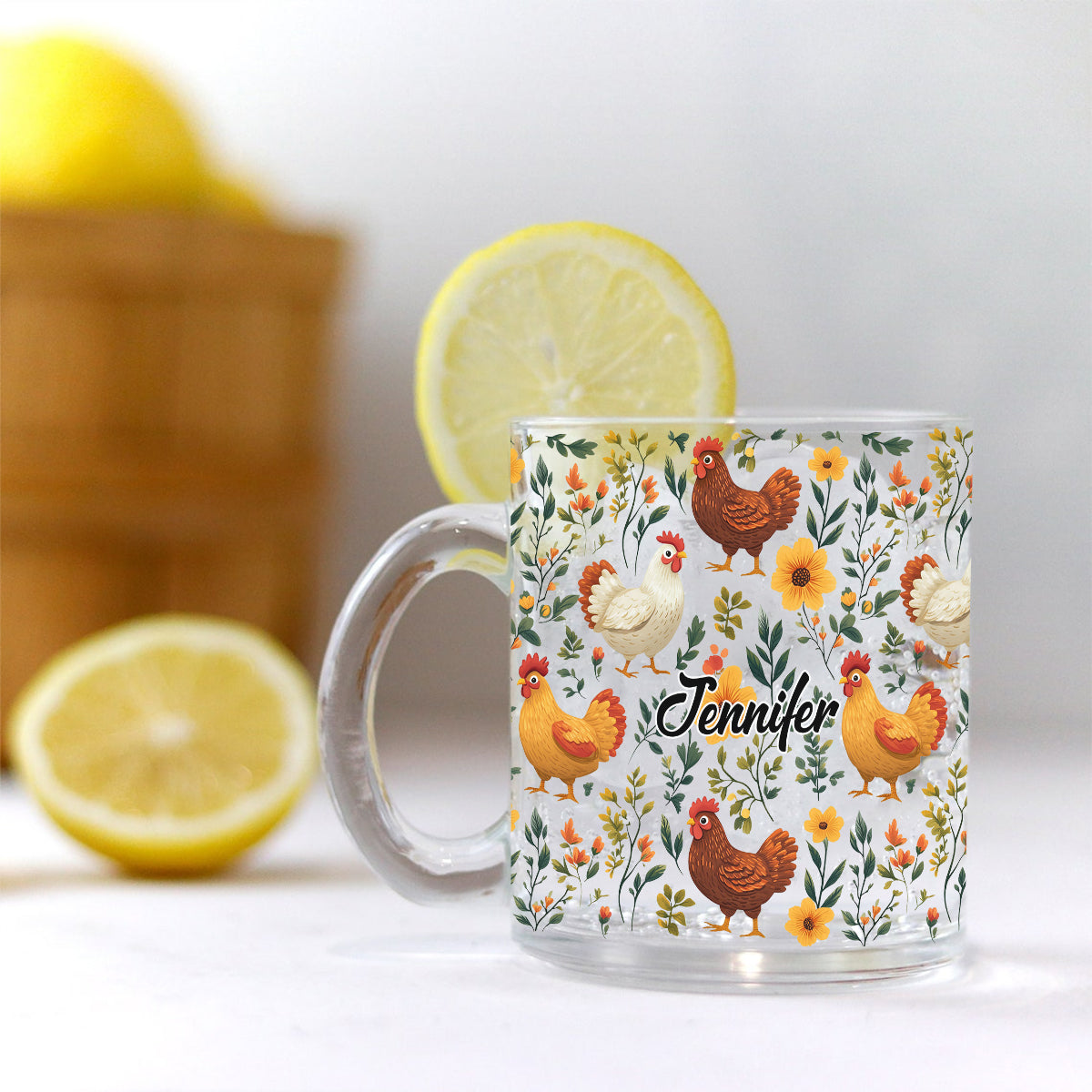 Mug en verre personnalisé avec motif de poules fleuries mignonnes - Mug en verre personnalisé avec motif de poules