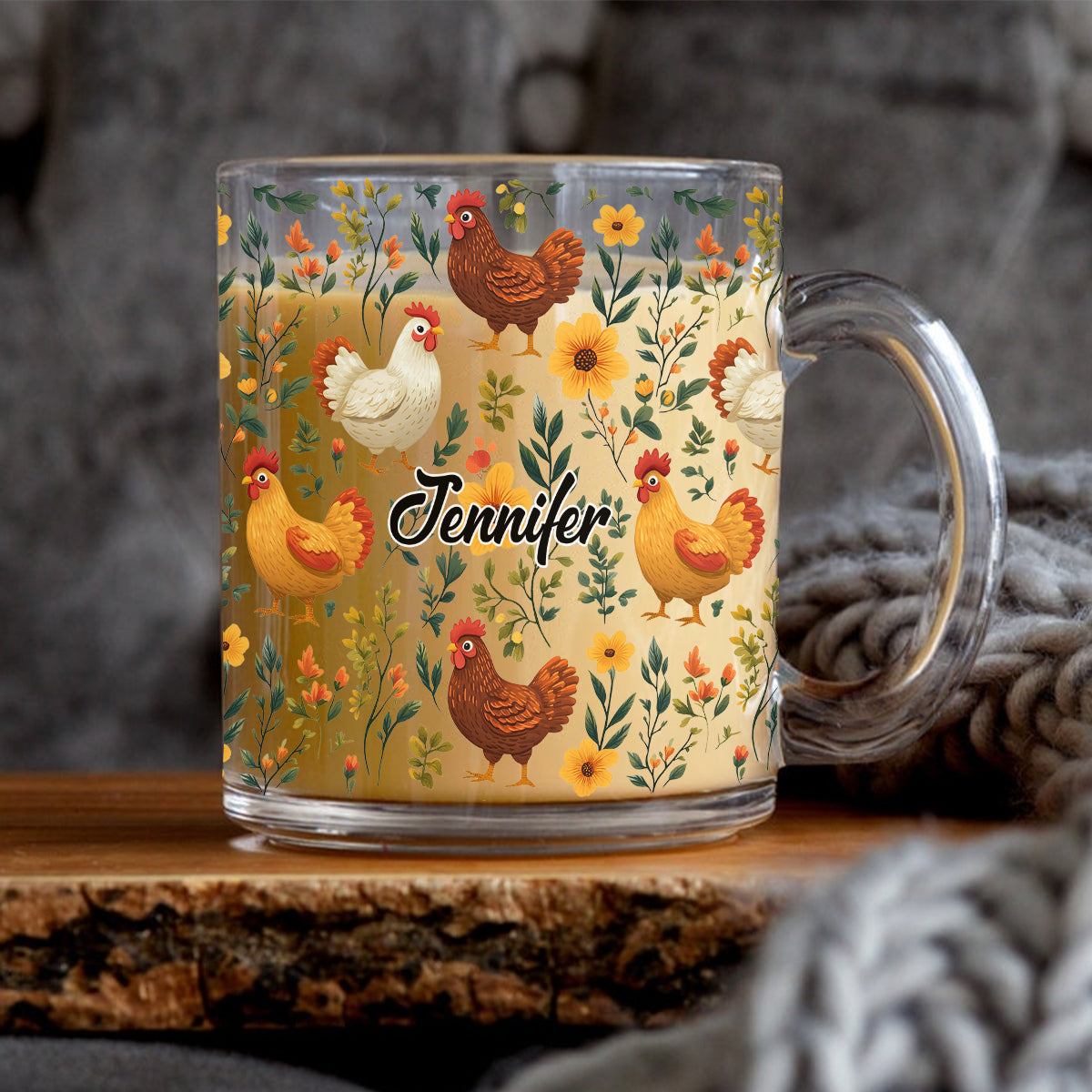 Mug en verre personnalisé avec motif de poules fleuries mignonnes - Mug en verre personnalisé avec motif de poules