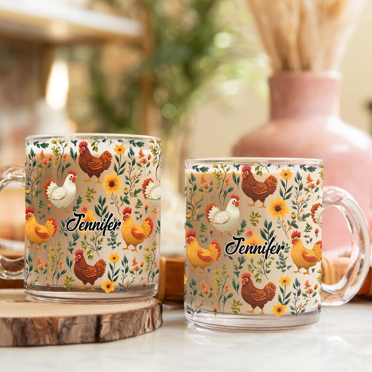 Mug en verre personnalisé avec motif de poules fleuries mignonnes - Mug en verre personnalisé avec motif de poules