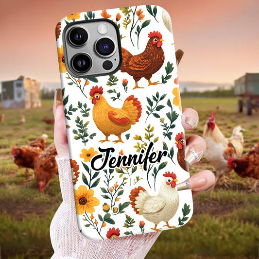 Niedliche Handyhülle mit Hühnermotiv und Blumenmuster – Personalisierte Handyhülle mit Hühner-Vollbild.