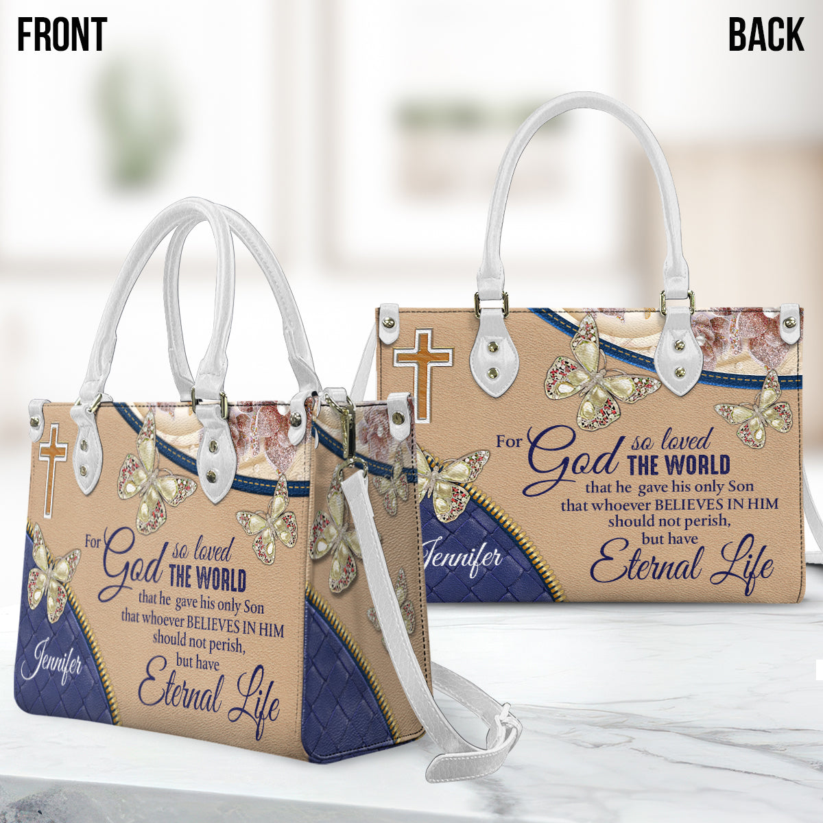 Denn so sehr hat Gott die Welt geliebt – personalisierte Schmetterlings-Lederhandtasche