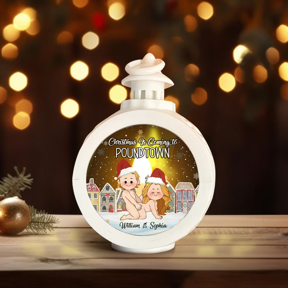 Christmas Is Coming To Poundtown - Personalized Couple Round Lantern With Light