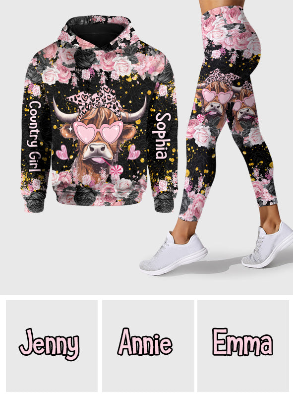 Black And Pink - Personalized Highland Cow Hoodie and Leggings