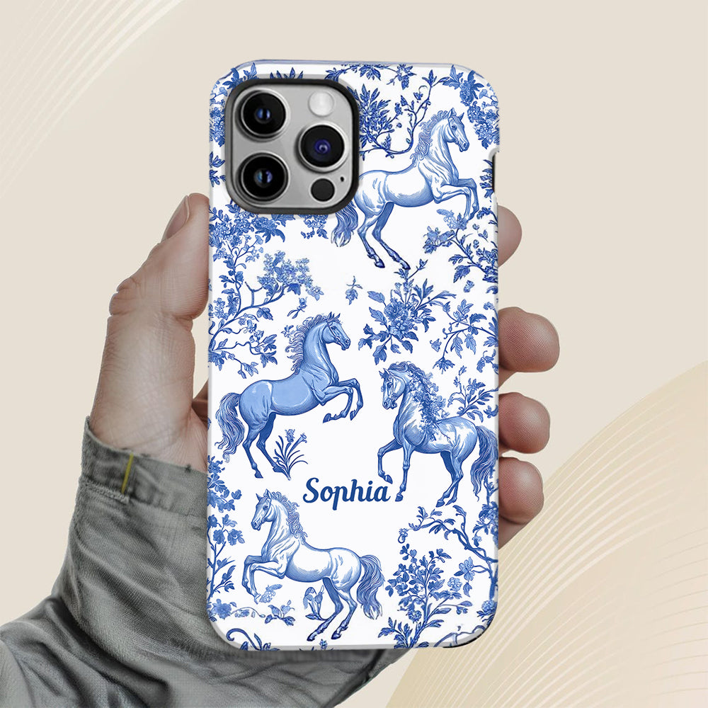 Horse Blue & White Toile de Jouy - Personalized Horse Full Print Phone Case