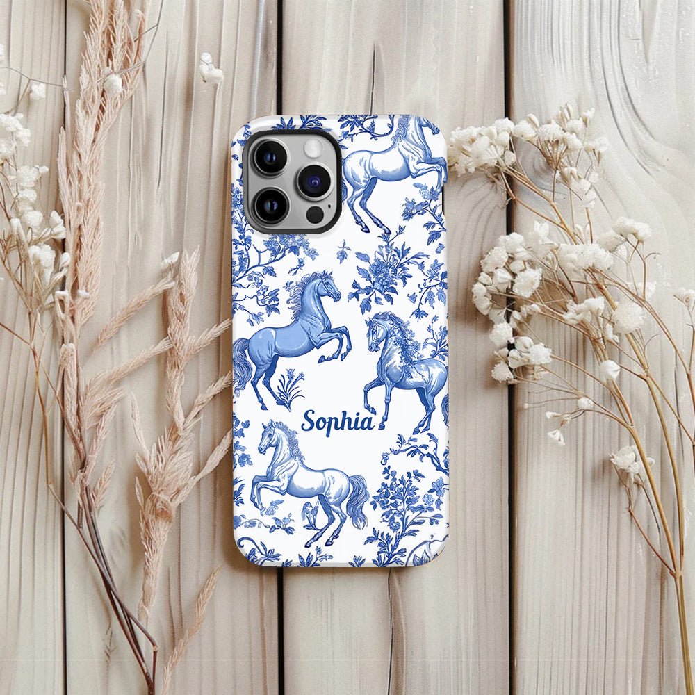 Horse Blue & White Toile de Jouy - Personalized Horse Full Print Phone Case