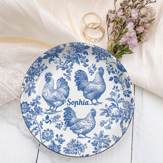 Personalisierte Schmuckschale mit Hühnermotiv im Toile-de-Jouy-Stil