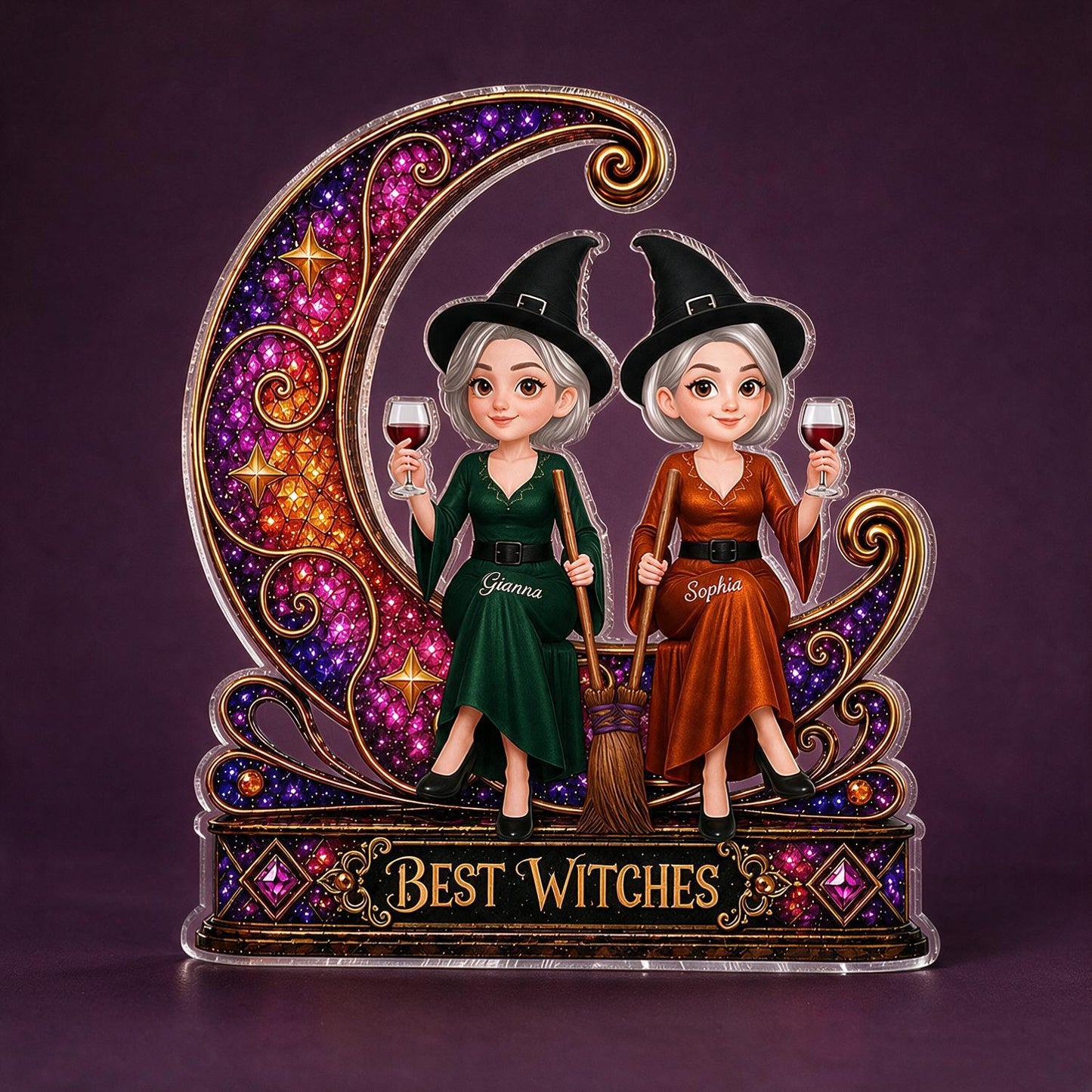 Personalized Best Witches On Sparkle Moon Acrylic Block, Halloween Best Friend Decor Gift