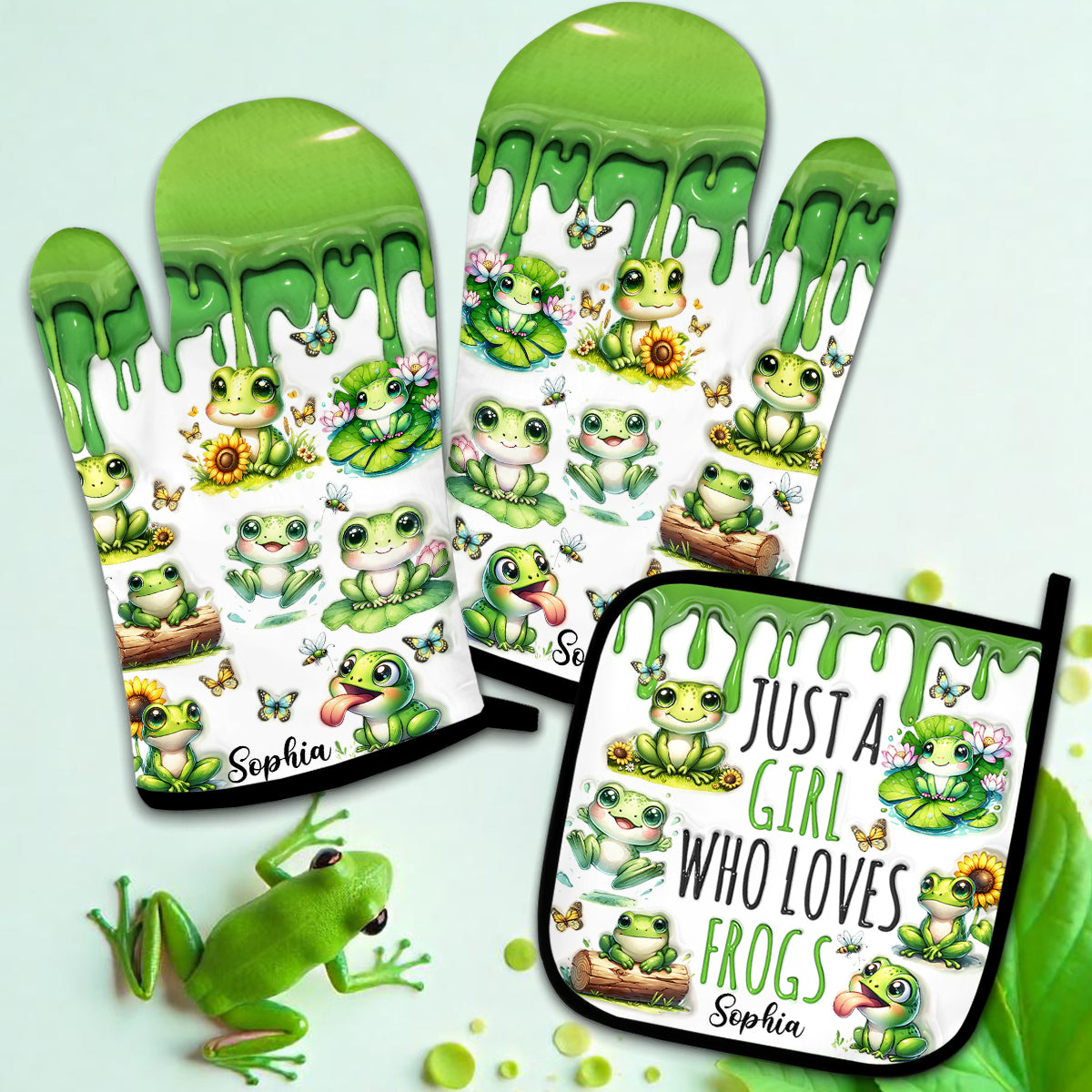 Une fille qui adore les grenouilles - Ensemble de maniques et de gants de cuisine personnalisés à motif grenouille