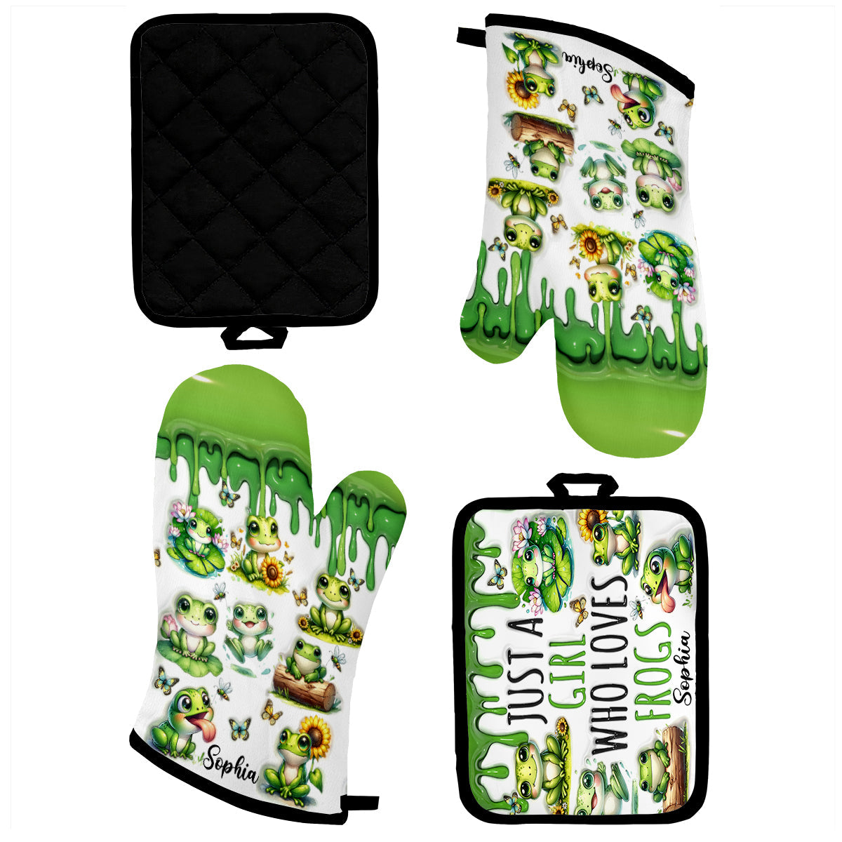 Une fille qui adore les grenouilles - Ensemble de maniques et de gants de cuisine personnalisés à motif grenouille