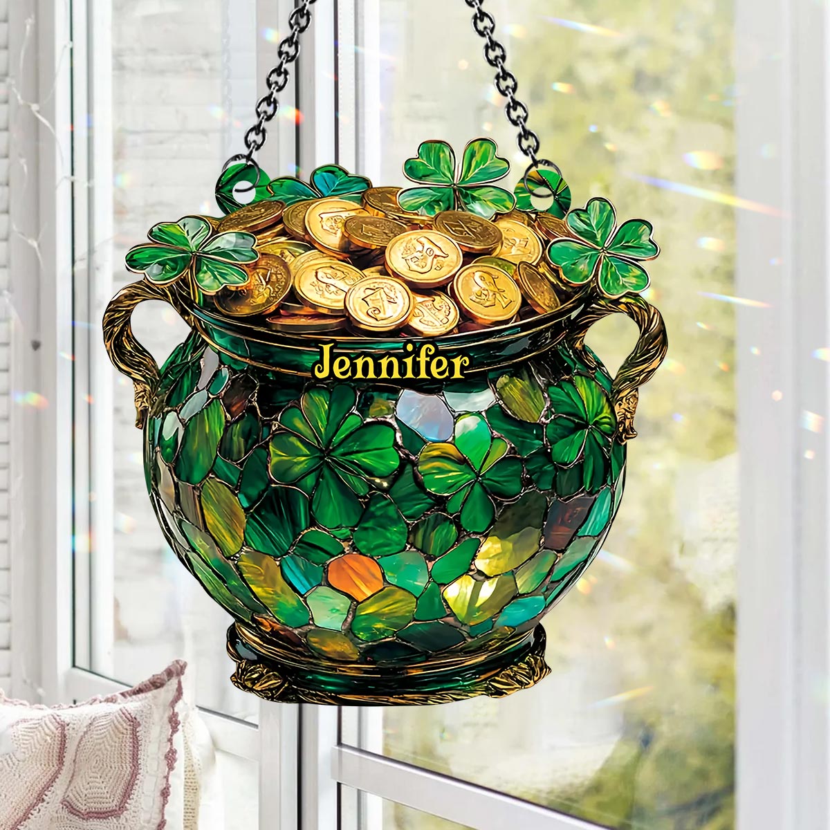 Trèfle Pot d'Or - Ornement Attrape-Soleil Personnalisé à Suspendre à la Fenêtre pour la Saint-Patrick 