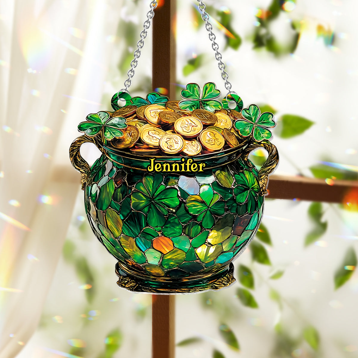 Trèfle Pot d'Or - Ornement Attrape-Soleil Personnalisé à Suspendre à la Fenêtre pour la Saint-Patrick 