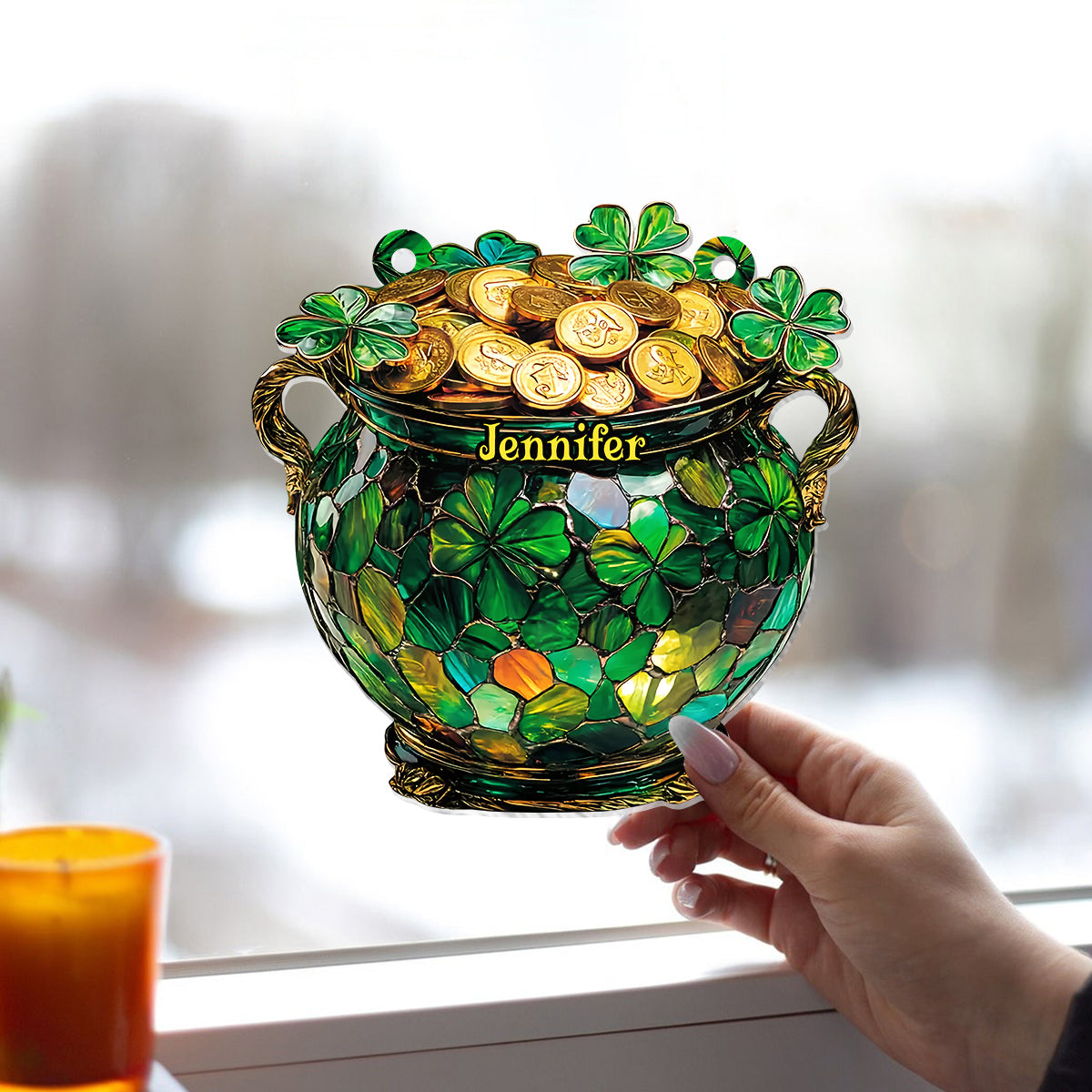 Trèfle Pot d'Or - Ornement Attrape-Soleil Personnalisé à Suspendre à la Fenêtre pour la Saint-Patrick 