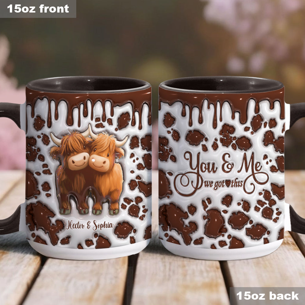 „Du und ich, wir schaffen das“ – personalisierte Tasse mit Hochlandrind-Motiv