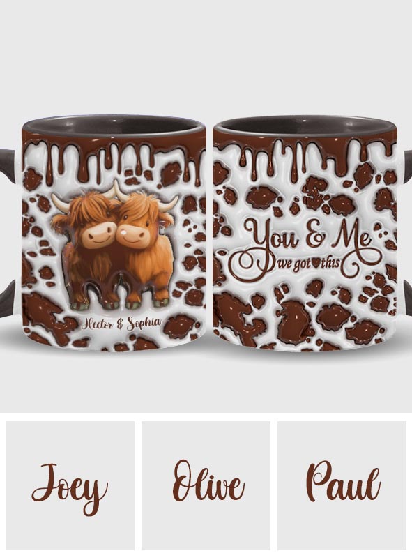 „Du und ich, wir schaffen das“ – personalisierte Tasse mit Hochlandrind-Motiv
