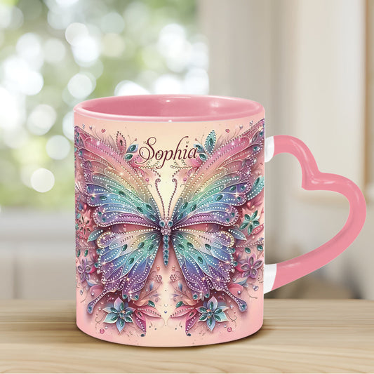Mug personnalisé Papillon et Fleur - Mug à anse en forme de cœur avec papillon