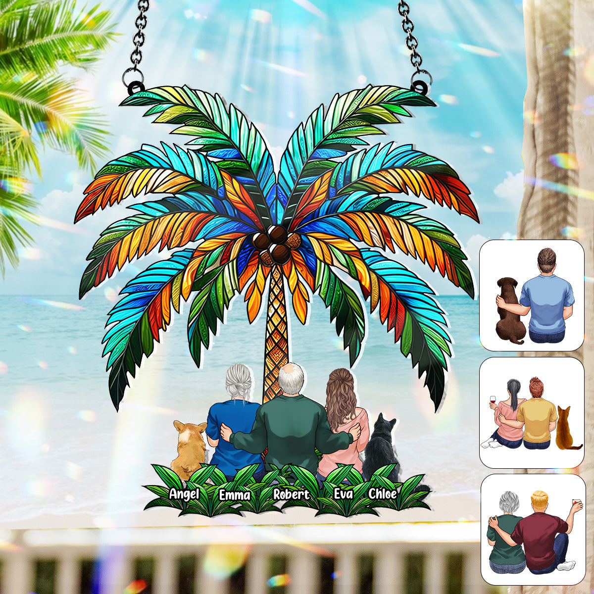Famille sous le palmier - Décoration attrape-soleil personnalisée à suspendre à la fenêtre 