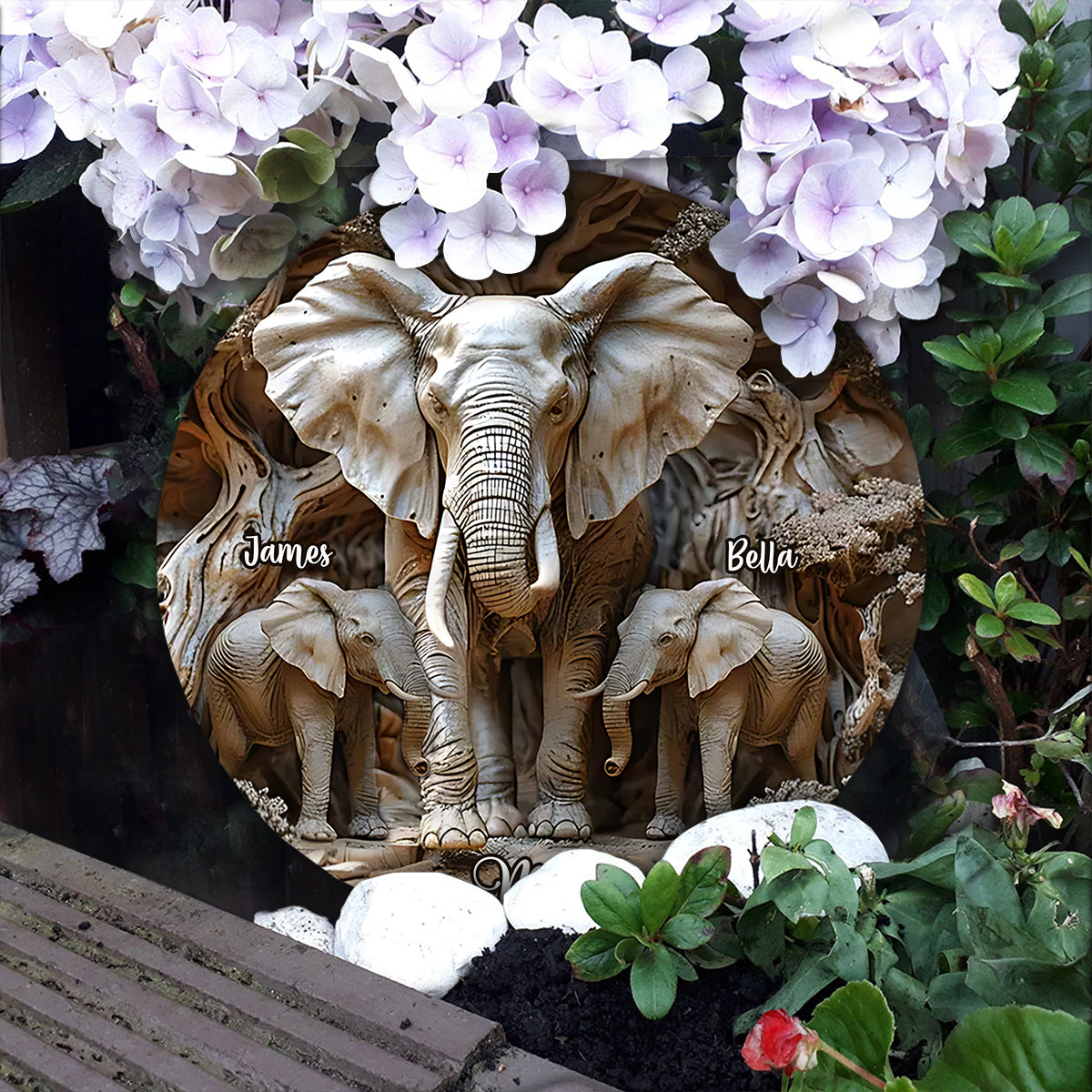 Cadeau pour maman et ses enfants, grand-mère… - Pierre ronde personnalisée en forme d'éléphant