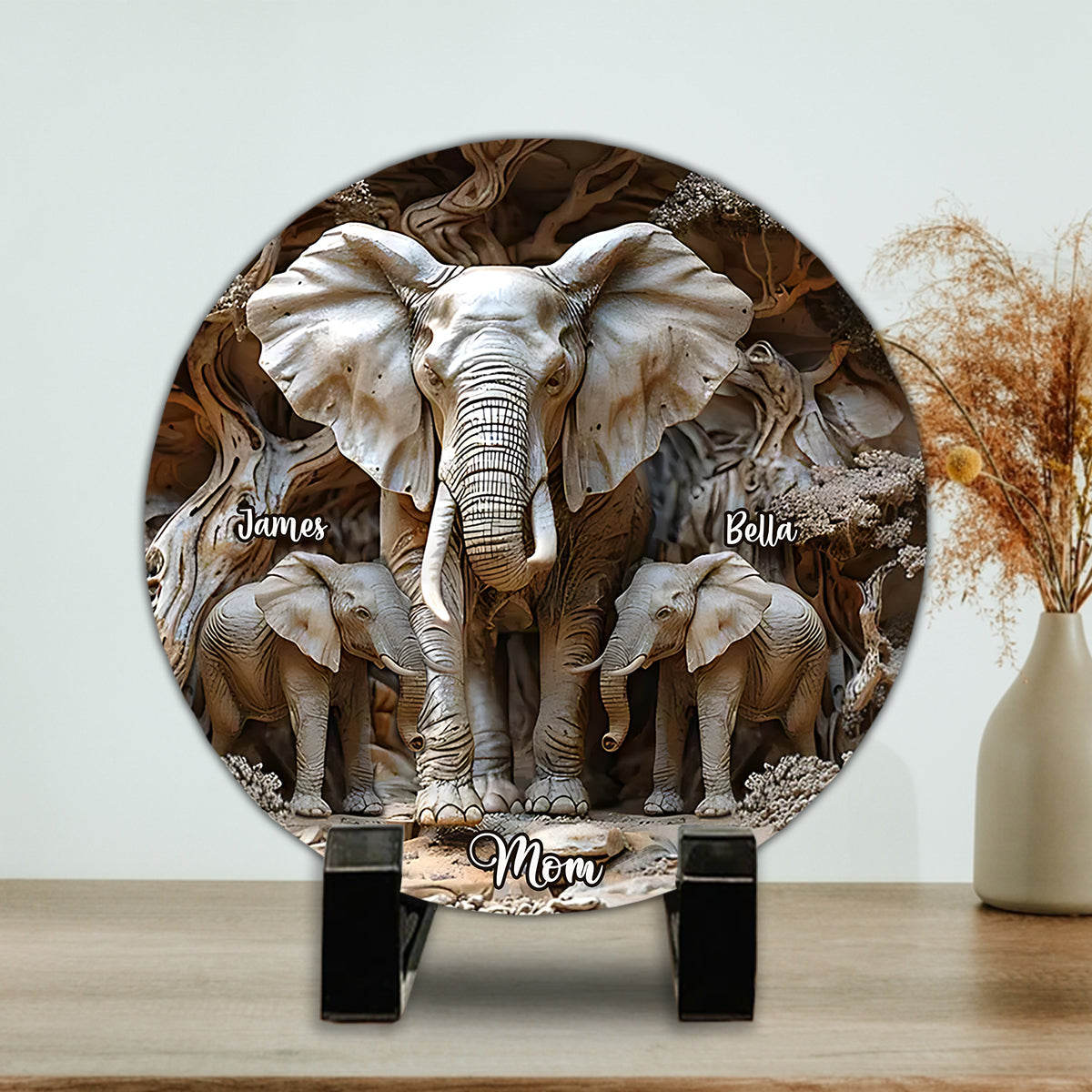 Cadeau pour maman et ses enfants, grand-mère… - Pierre ronde personnalisée en forme d'éléphant