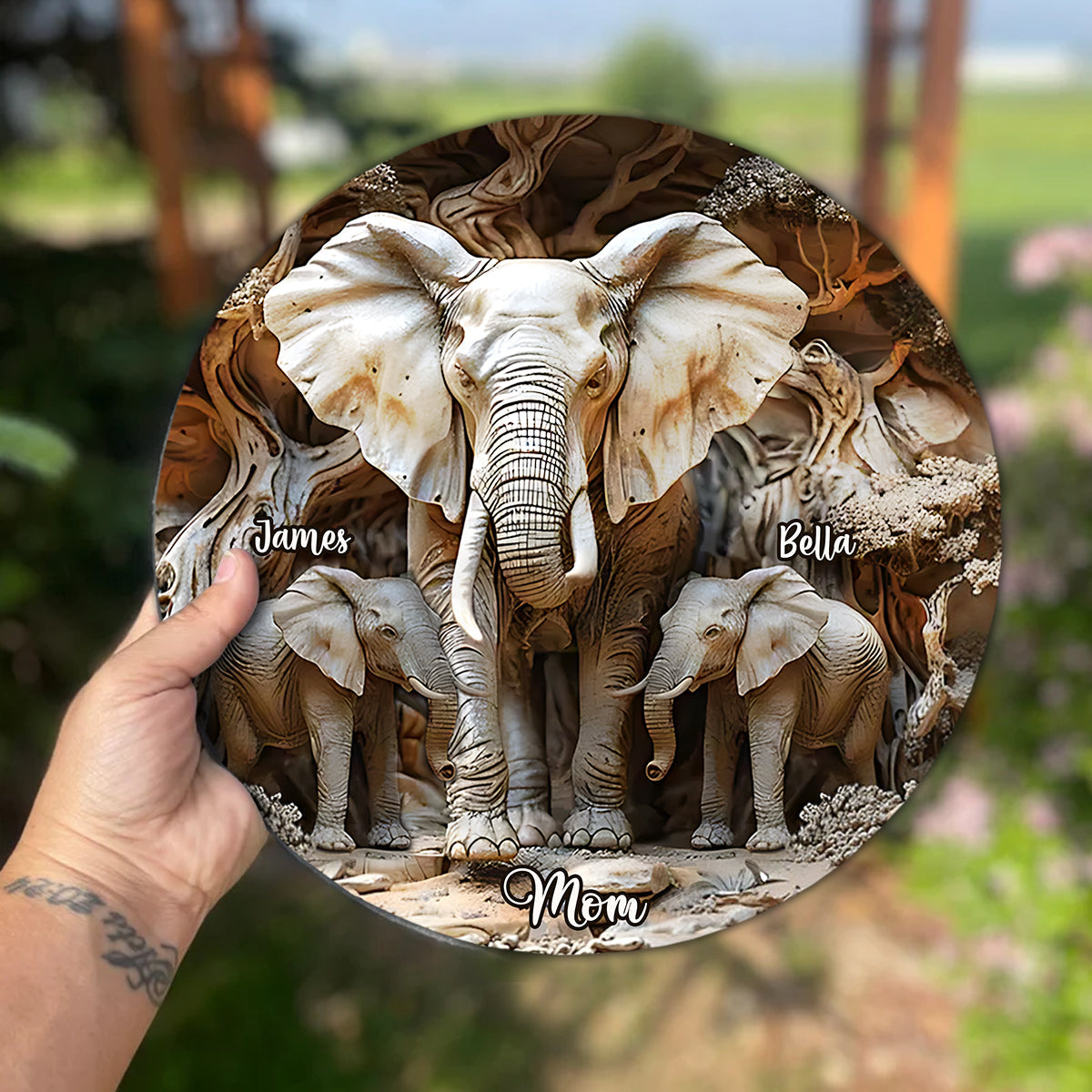 Cadeau pour maman et ses enfants, grand-mère… - Pierre ronde personnalisée en forme d'éléphant