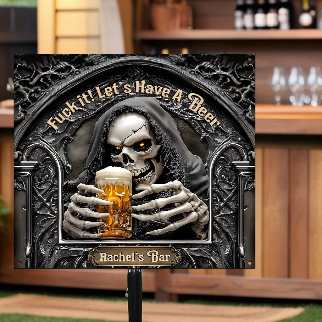 Prenons une bière ! – Panneau métallique personnalisé découpé à la forme de bière