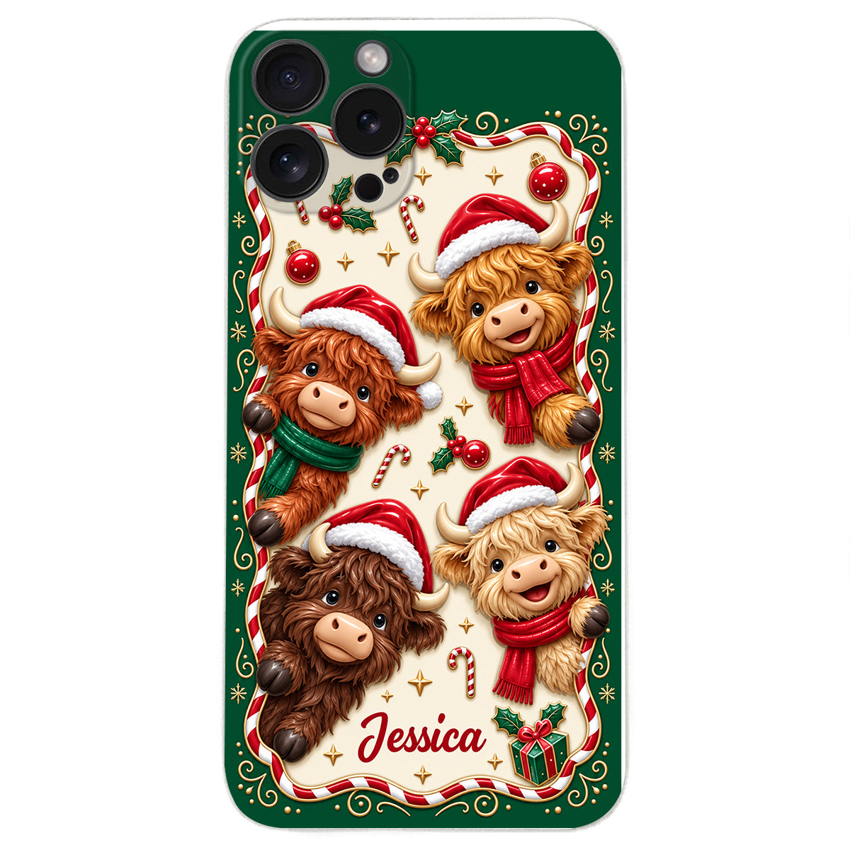 Merry Christmas Cute Highland Cows - Personalized Highland Cow 3D Embossed Leather Phone Case