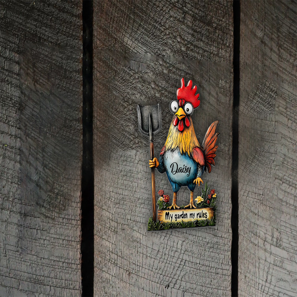 Mon jardin, mes règles - Panneau métallique personnalisé en forme de poulet