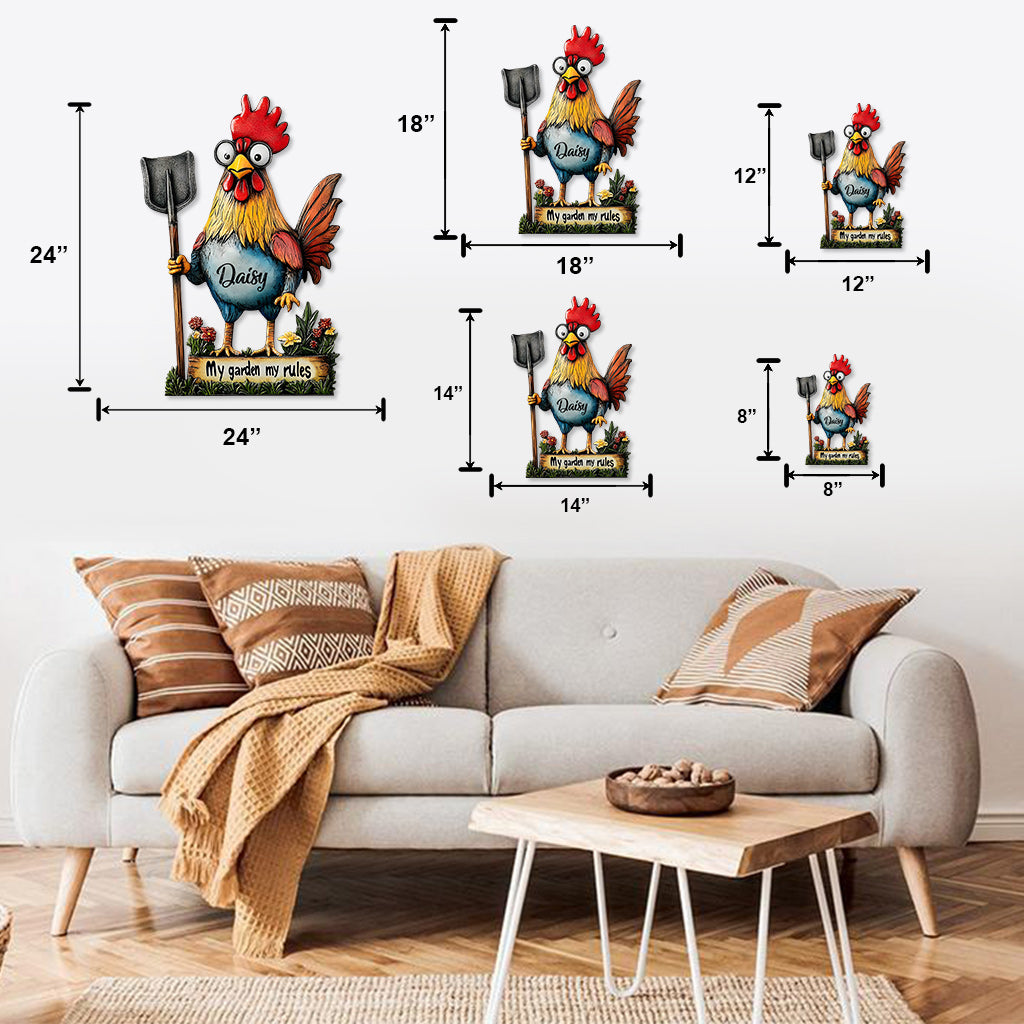 Mon jardin, mes règles - Panneau métallique personnalisé en forme de poulet