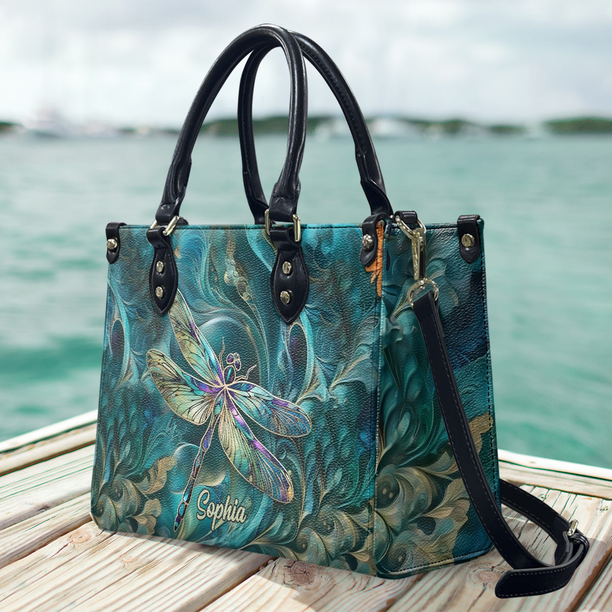 Wunderschöne Libelle – personalisierte Libellen-Lederhandtasche