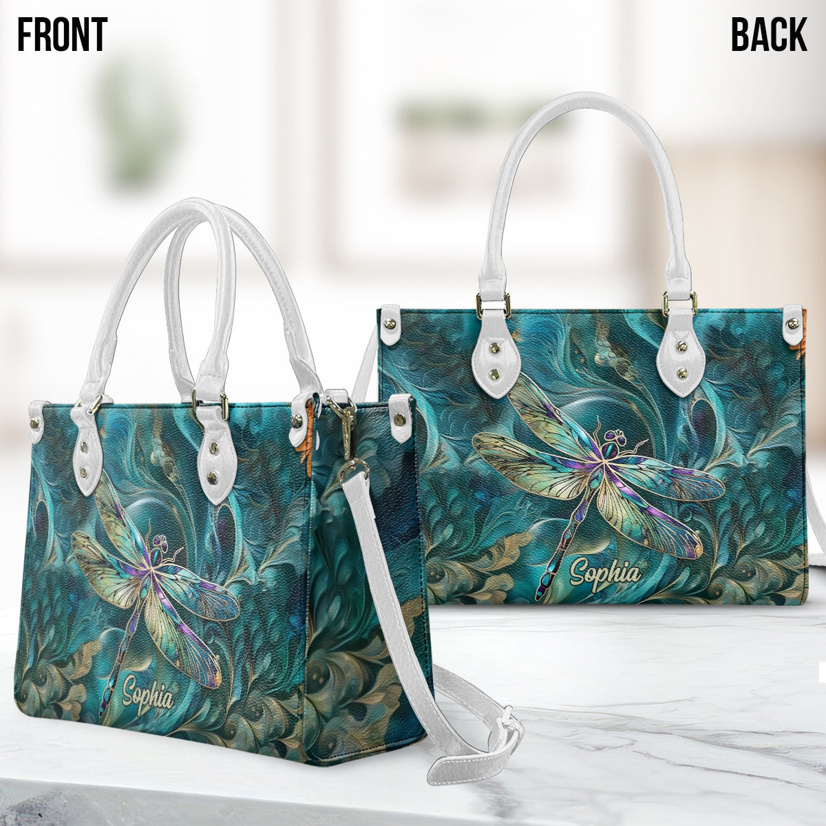 Wunderschöne Libelle – personalisierte Libellen-Lederhandtasche