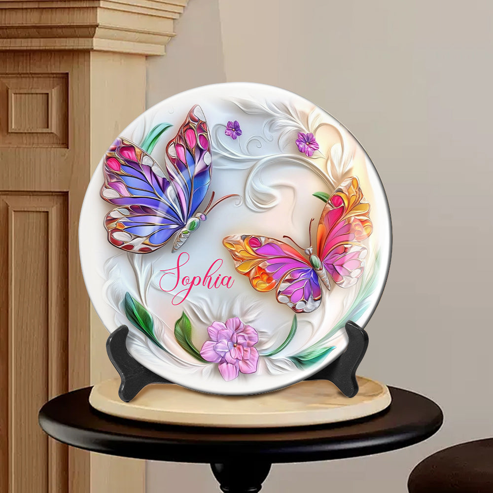 Superbe assiette ronde en céramique personnalisée avec papillon