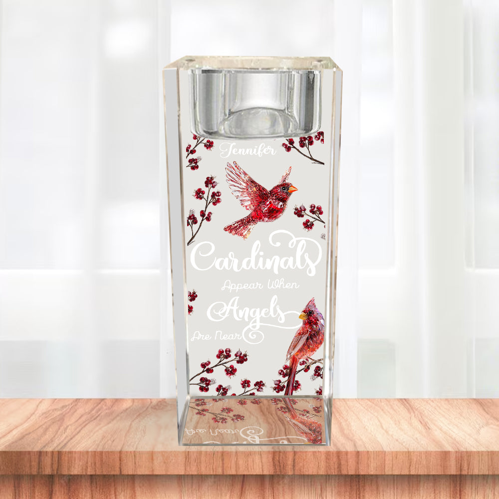 Cardinals Appear When Angels Are Near - Personalized Memorial Glass Candle Holder