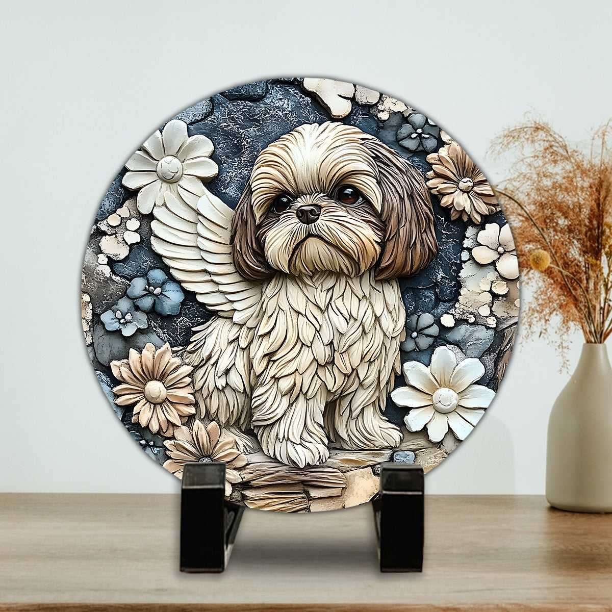 Für immer in unserem Herzen – personalisierter runder Stein in Hundeform