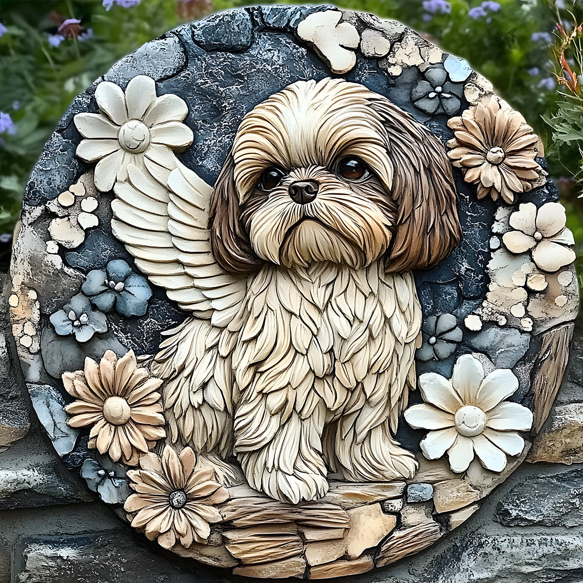 Für immer in unserem Herzen – personalisierter runder Stein in Hundeform