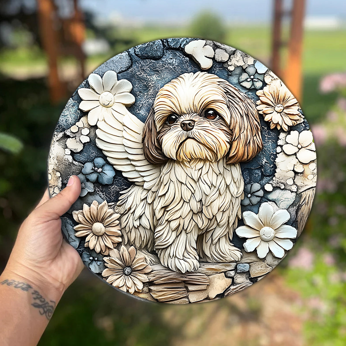 Für immer in unserem Herzen – personalisierter runder Stein in Hundeform