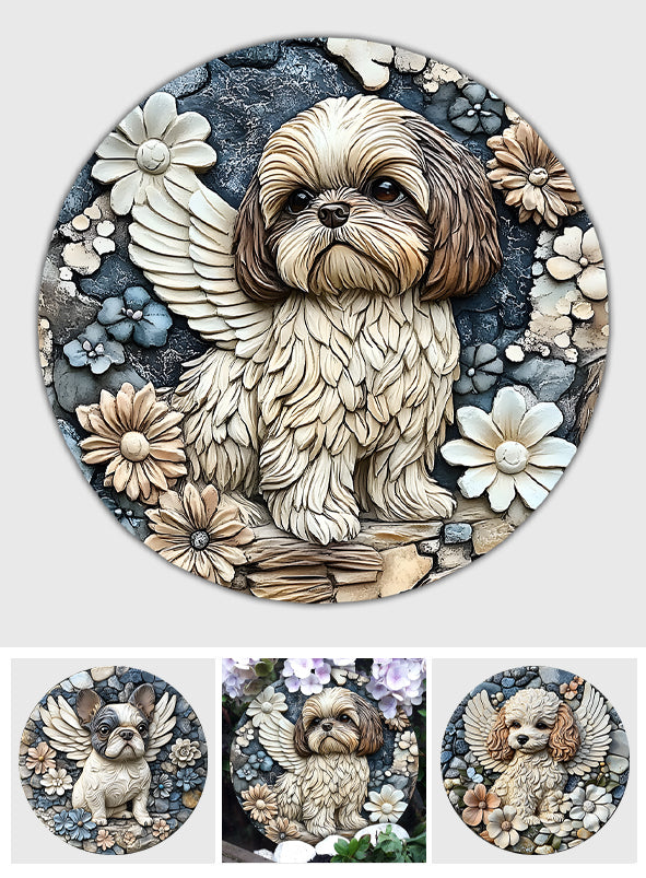 Für immer in unserem Herzen – personalisierter runder Stein in Hundeform