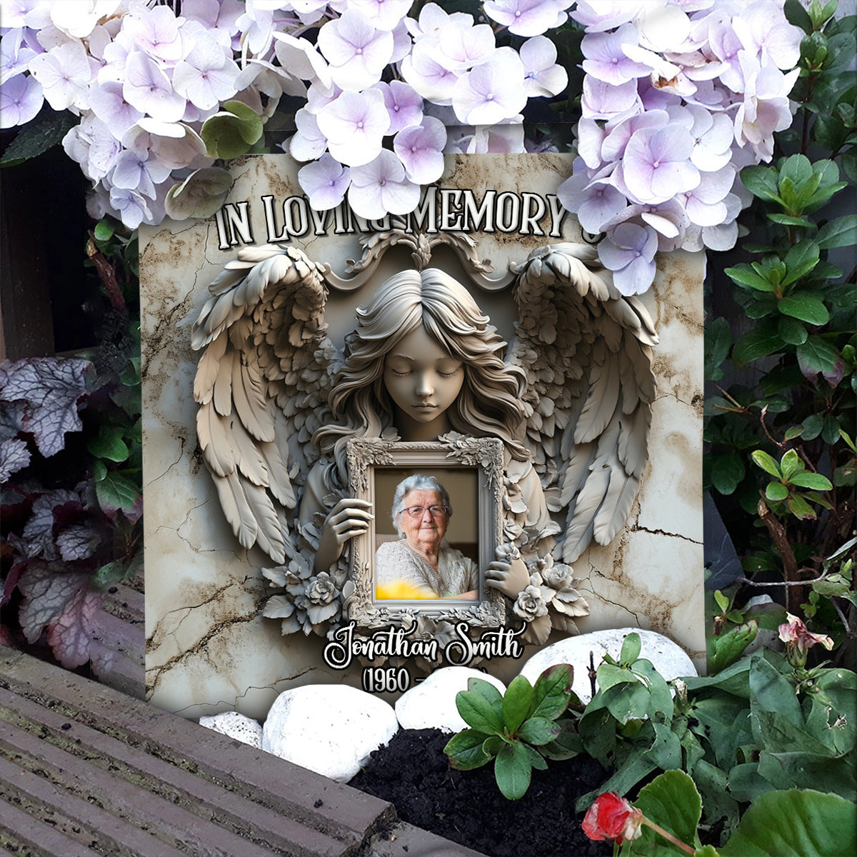 Angel Wings - Personalized Memorial Square Shaped Stone