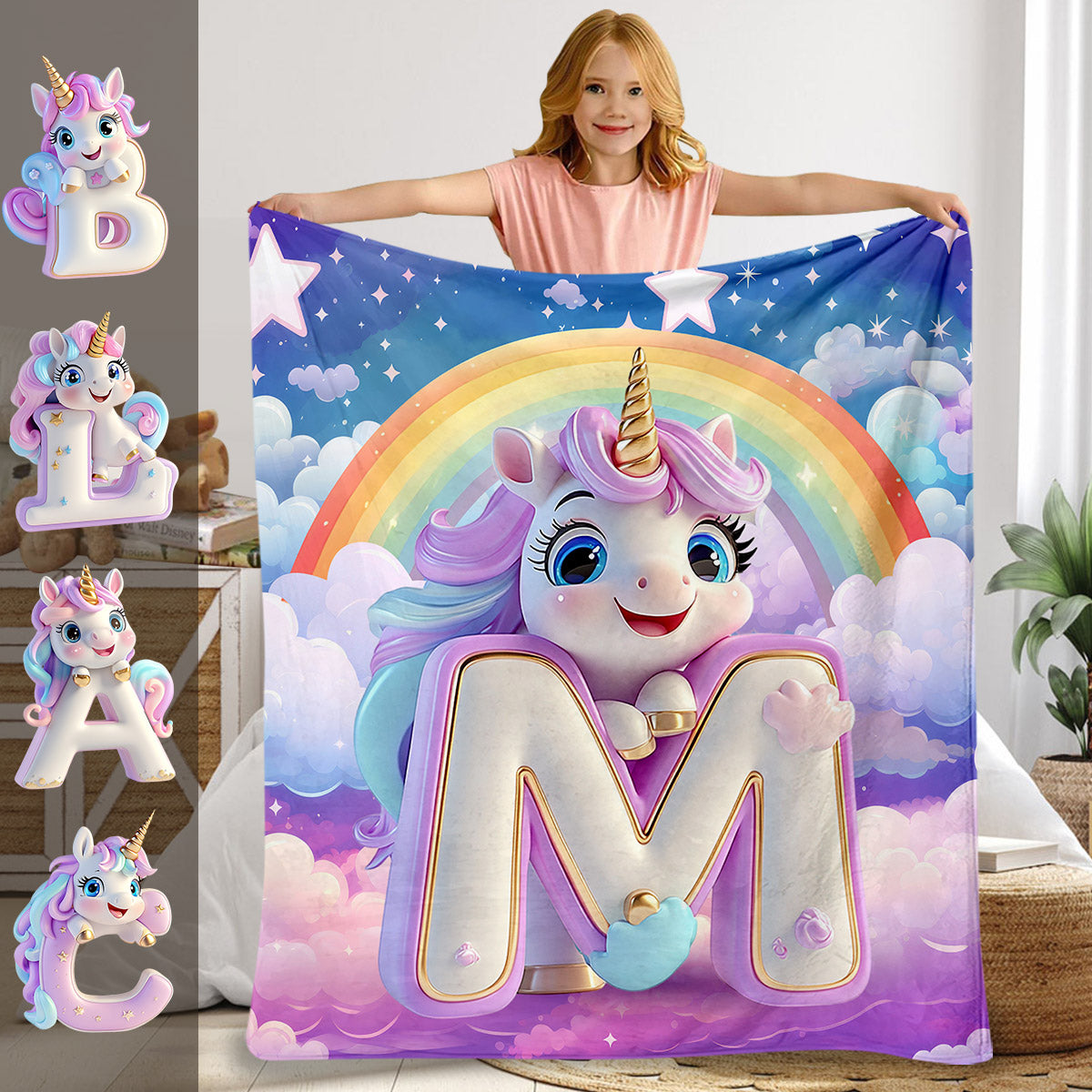 Adorable lettre licorne - Couverture enfant personnalisée
