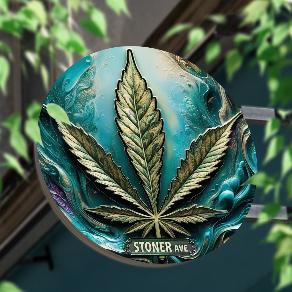Stoner Avenue - Panneau métallique rond personnalisé sur le thème du cannabis