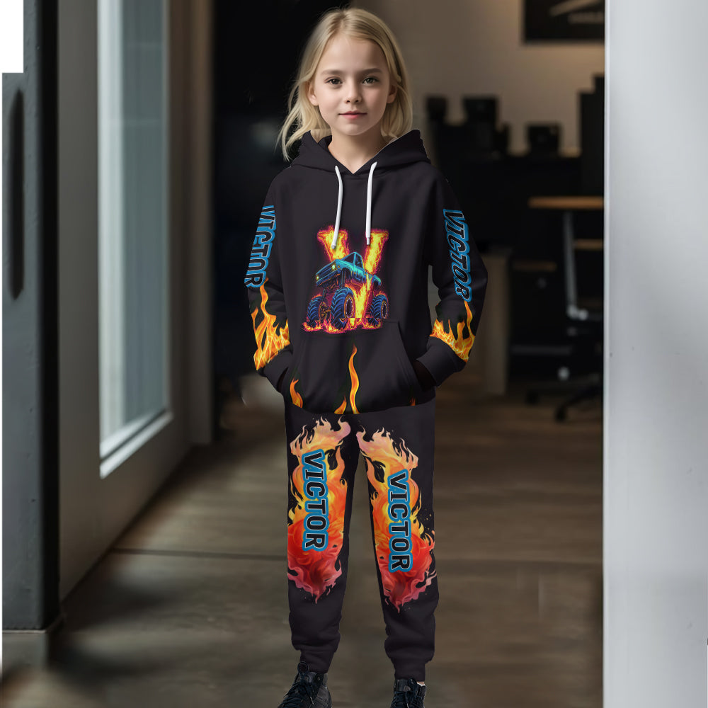 Cooles Monster-Truck-Outfit für Jungen – personalisierter Kinder-Hoodie und Kinder-Jogginghose