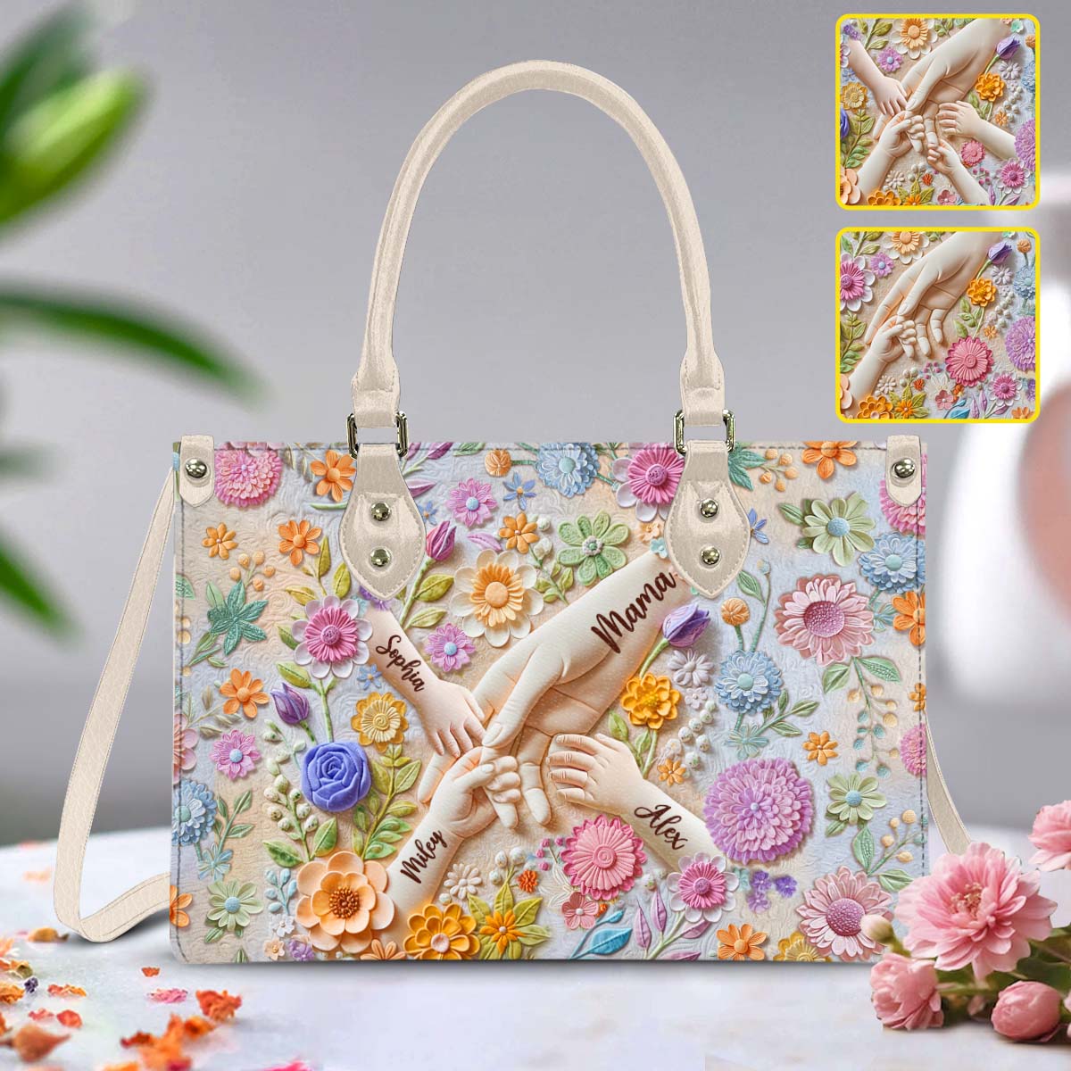 Hold Our Hands - Personalized Mother Leather Handbag