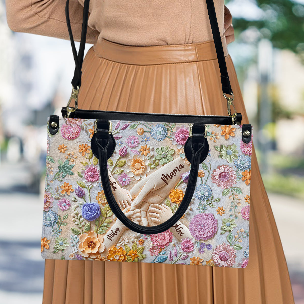 Hold Our Hands - Personalized Mother Leather Handbag