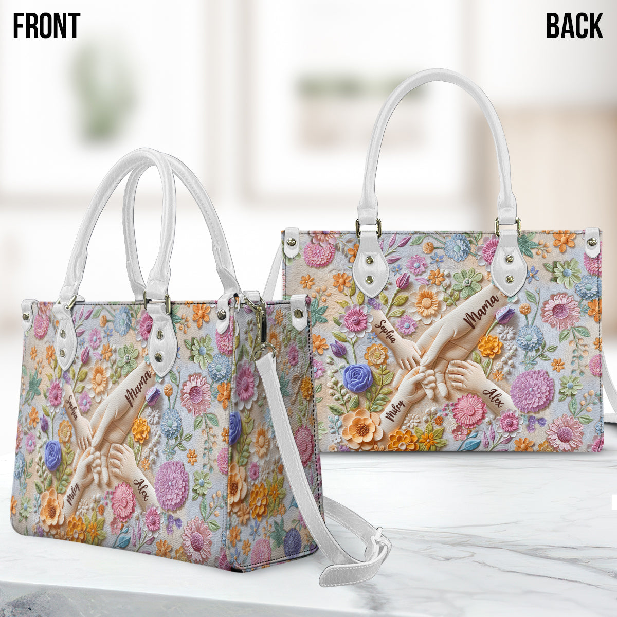 Hold Our Hands - Personalized Mother Leather Handbag