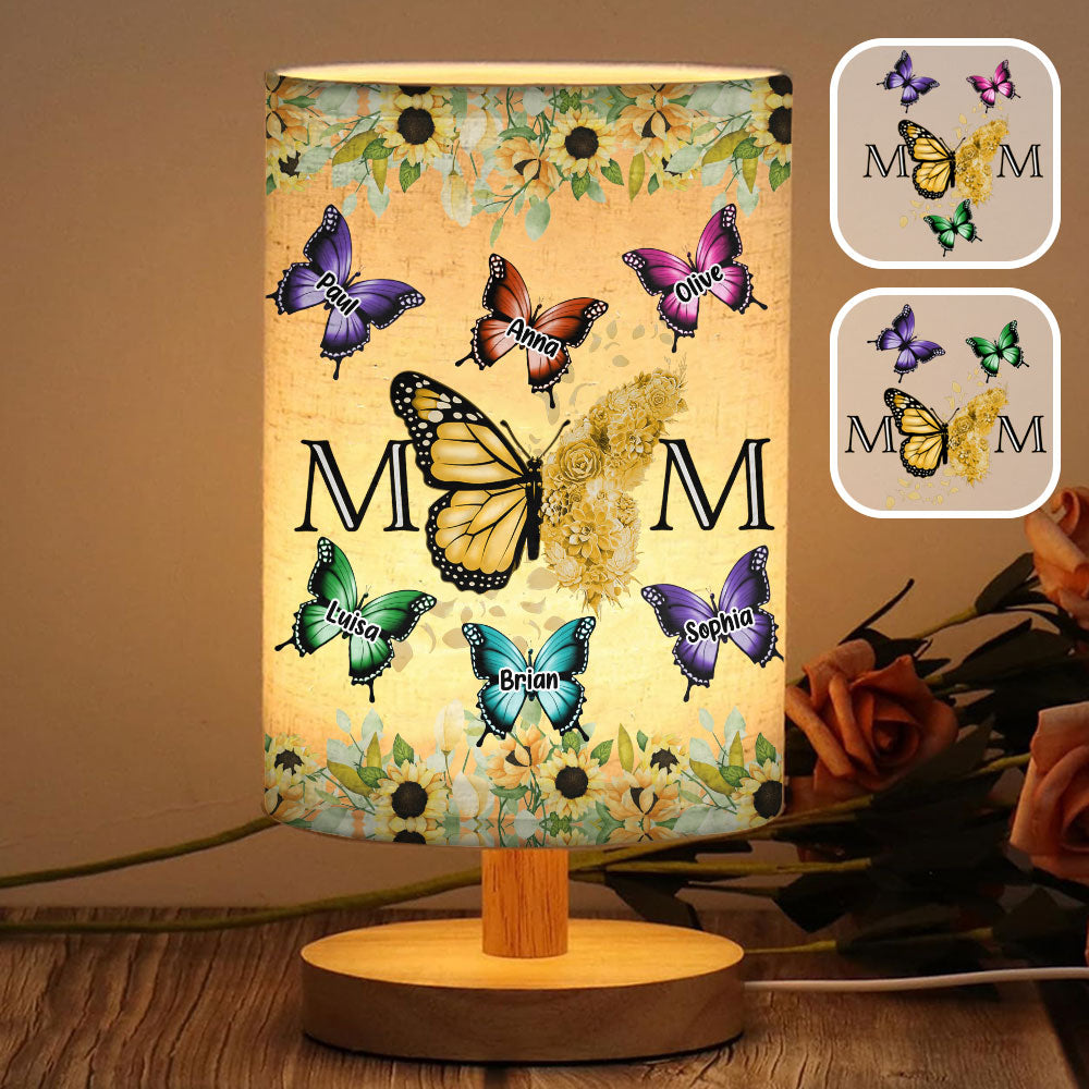 Floral Butterflies - Personalized Mother Tableside Lamp With Wood Base