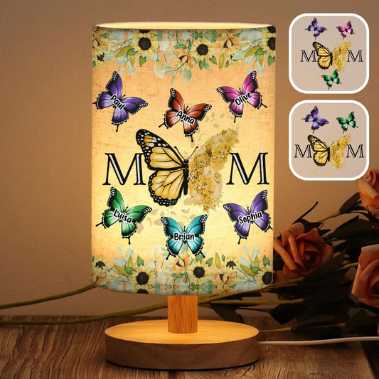 Floral Butterflies - Personalized Mother Tableside Lamp With Wood Base