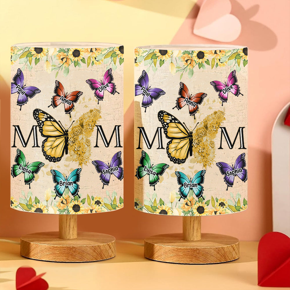 Floral Butterflies - Personalized Mother Tableside Lamp With Wood Base