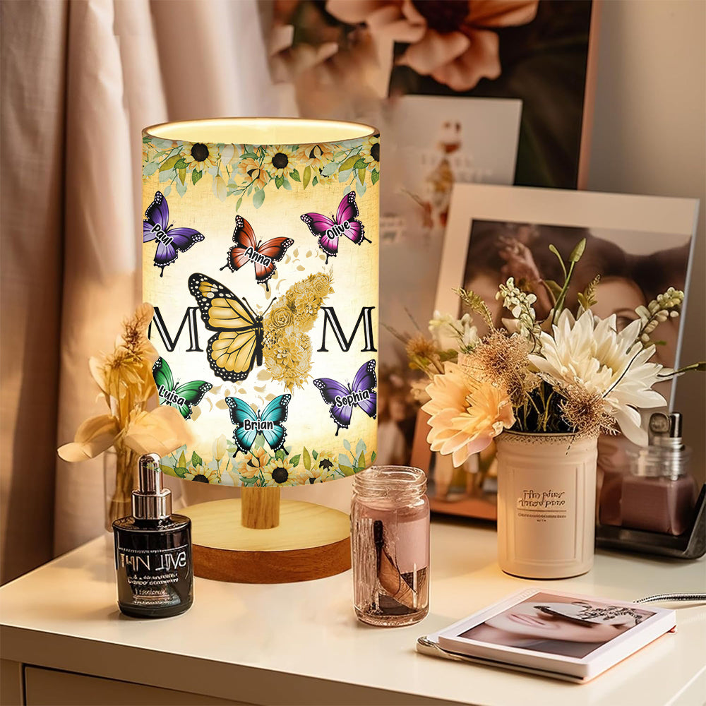 Floral Butterflies - Personalized Mother Tableside Lamp With Wood Base